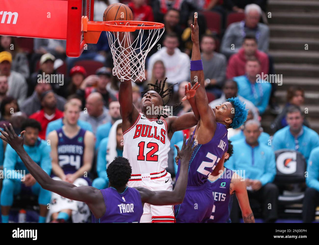 A detailed view of the shoes of Chicago Bulls forward Patrick Williams (44)  during the second half against the Charlotte Hornets at the Spectrum  Center.