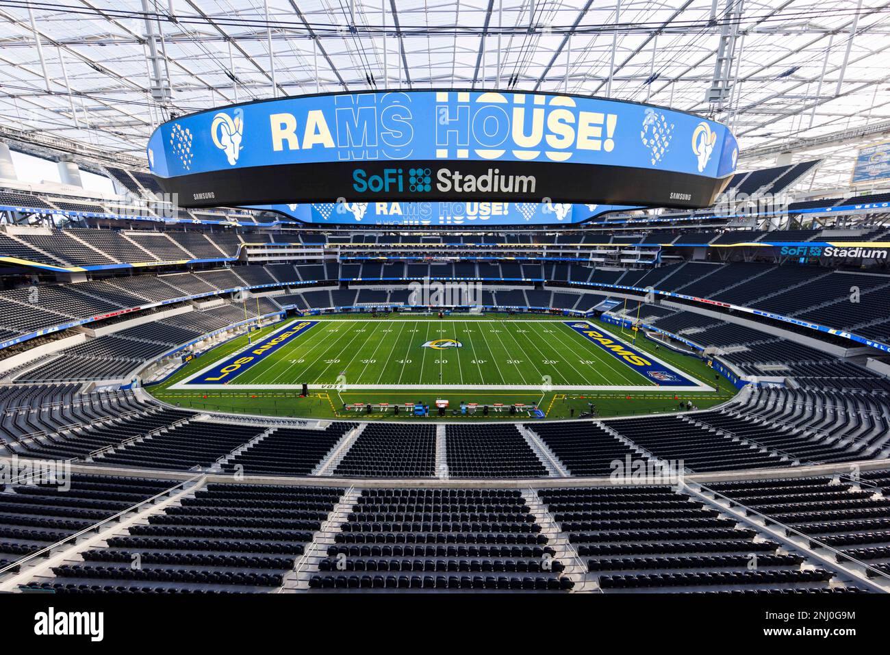 INGLEWOOD, CA - OCTOBER 30: General view of the interior of SoFi Stadium  from an elevated position before an NFL football game between the San  Francisco 49ers and the Los Angeles Rams