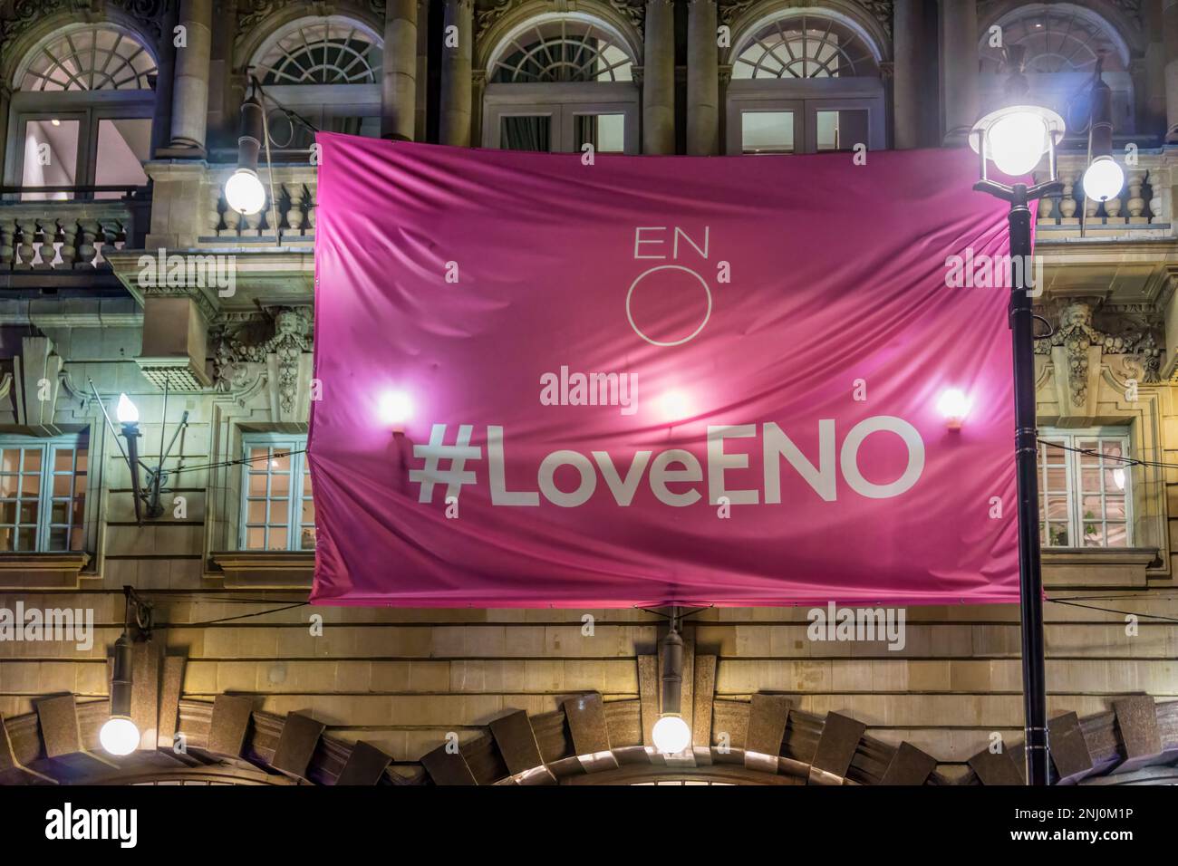 Love ENO banner outside the London Coliseum, the home of the English National Opera, in St Martins Lane. Stock Photo