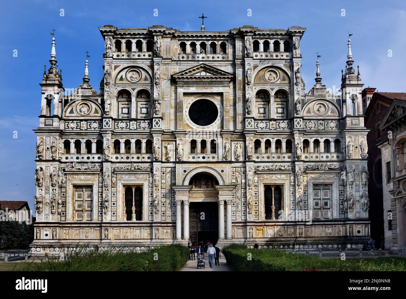 Certosa di Pavia 1396–1495  monastery and complex in Lombardy,  Pavia,  Italy, Italian.  ( Monastic order,  Carthusians, founded by St. Bruno, 1044 at Grande Chartreuse,Carthusians known for their seclusion and asceticism , plainness of their architecture, Certosa architecture, Gothic, Renaissance, Mannerism, Baroque, )  Gian Galeazzo Visconti, commissioned the building  to the architect Marco Solari, Stock Photo