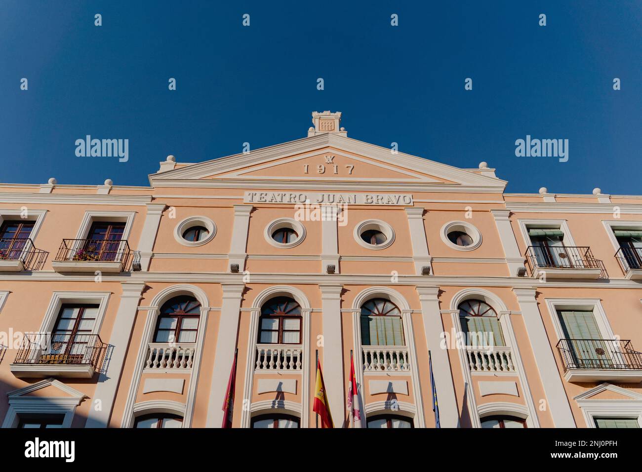 A front facade of the Juan Bravo theater on the Plaza Mayor square Stock Photo