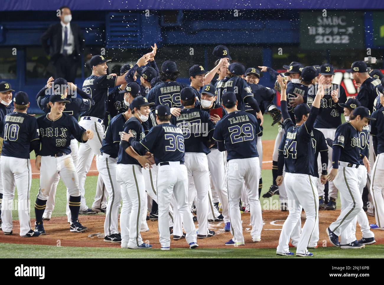 Members of ORIX Buffaloes celebrate after winning 2022 Japan Series of NPB (Nippon Professional Baseball) against Tokyo Yakult Swallows at Meiji Jingu Stadium in Shinjuku Ward, Tokyo on October 30, 2022