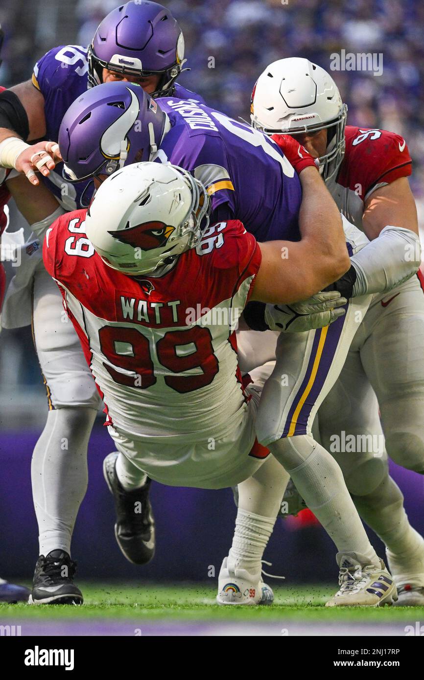 MINNEAPOLIS, MN - OCTOBER 30: Arizona Cardinals defensive tackle J.J. Watt  (99) sacks Minnesota Vikings Quarterback Kirk Cousins (8) during the second  half of a game between the Minnesota Vikings and Arizona