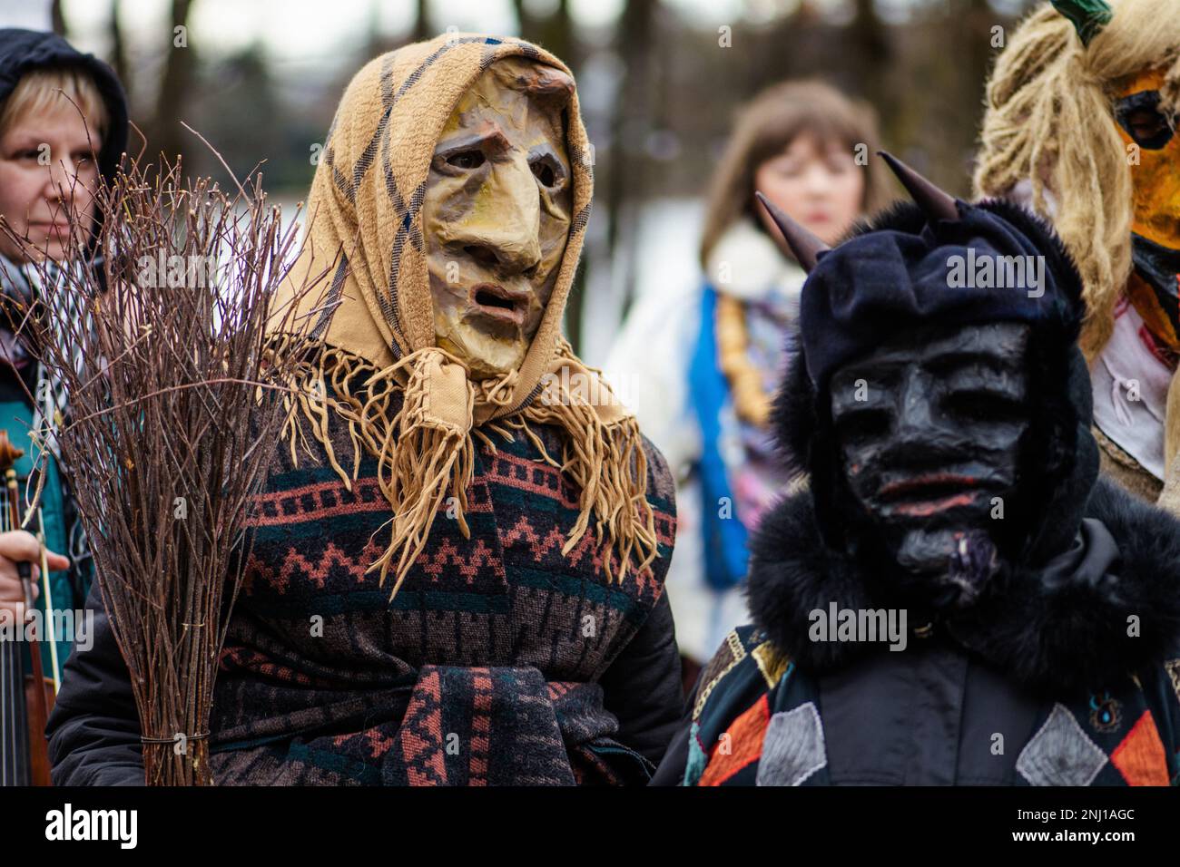 Traditional masks and costumes in Lithuania during Uzgavenes, a Lithuanian folk festival during Carnival, seventh week before Easter Stock Photo