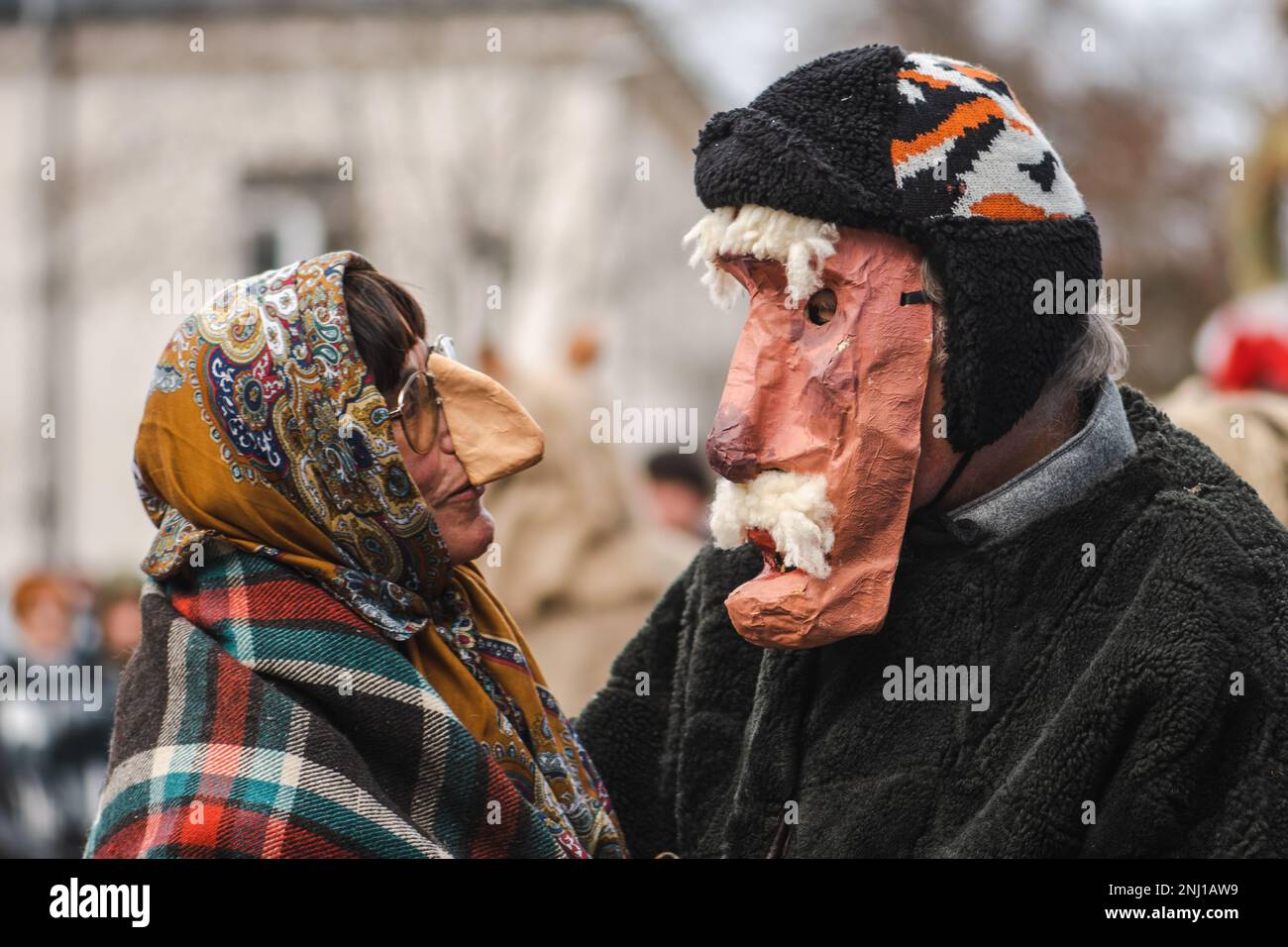 Traditional masks and costumes in Lithuania during Uzgavenes, a Lithuanian folk festival during Carnival, seventh week before Easter Stock Photo
