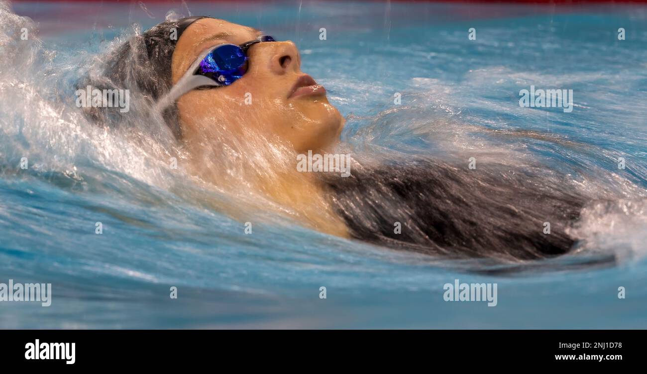 Summer McIntosh, of Canada, swims the backstroke leg on her way to winning the womens 400-meter individual medley at the FINA Swimming World Cup meet in Toronto, Saturday, Oct