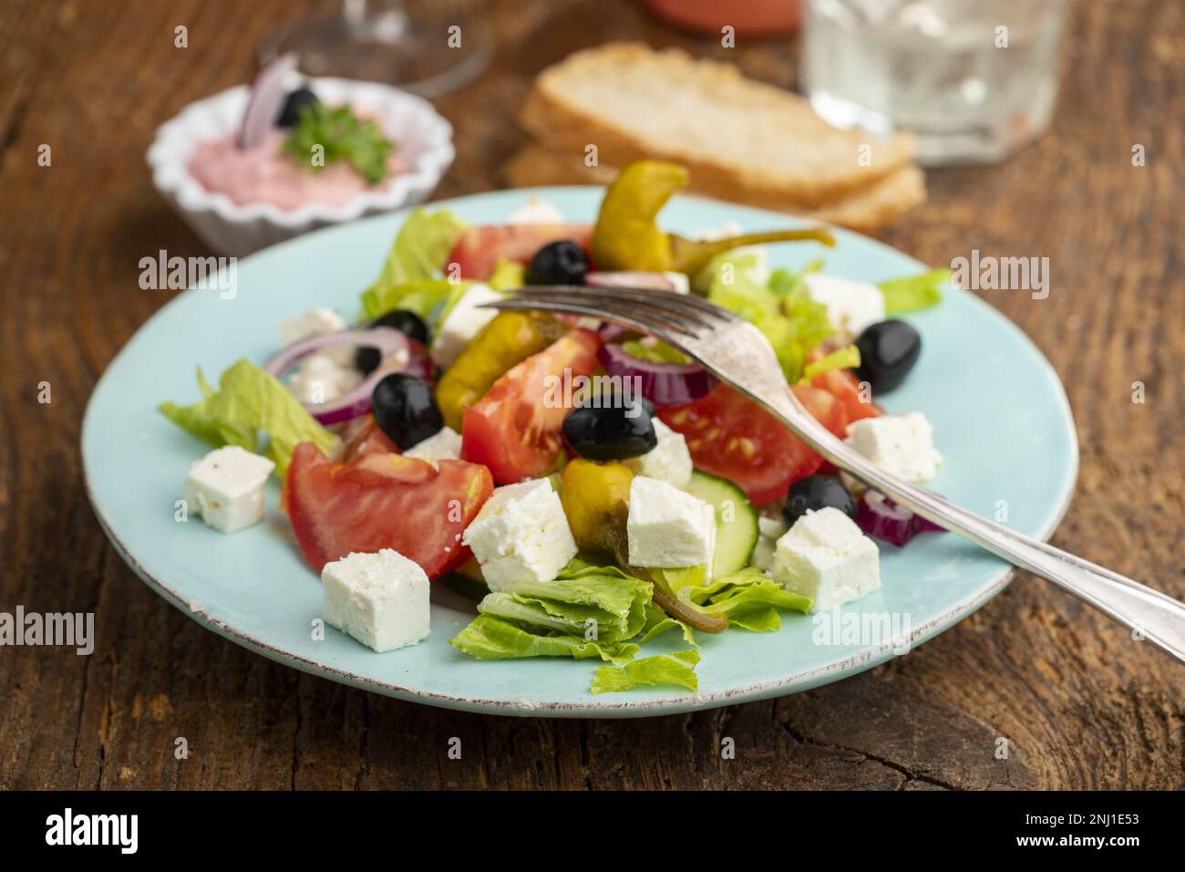 Greek Salad With Feta Cheese And Olives Stock Photo