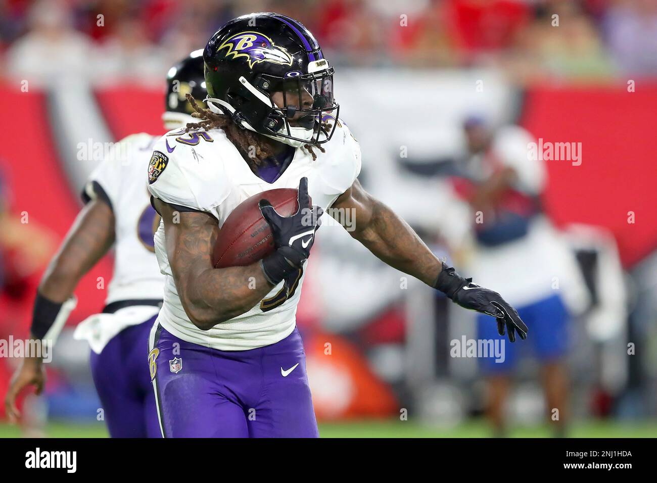 TAMPA, FL - OCTOBER 27: Baltimore Ravens running back Gus Edwards (35)  carries the ball during the regular season game between the Baltimore Ravens  and the Tampa Bay Buccaneers on October 27,