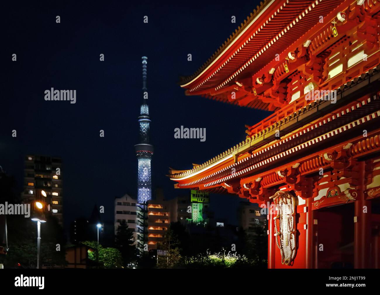 Tokyo, Japan - Sept, 2017: The gate of Sensoji temple or Asakusa Kannon temple and Skytree tower at night Stock Photo