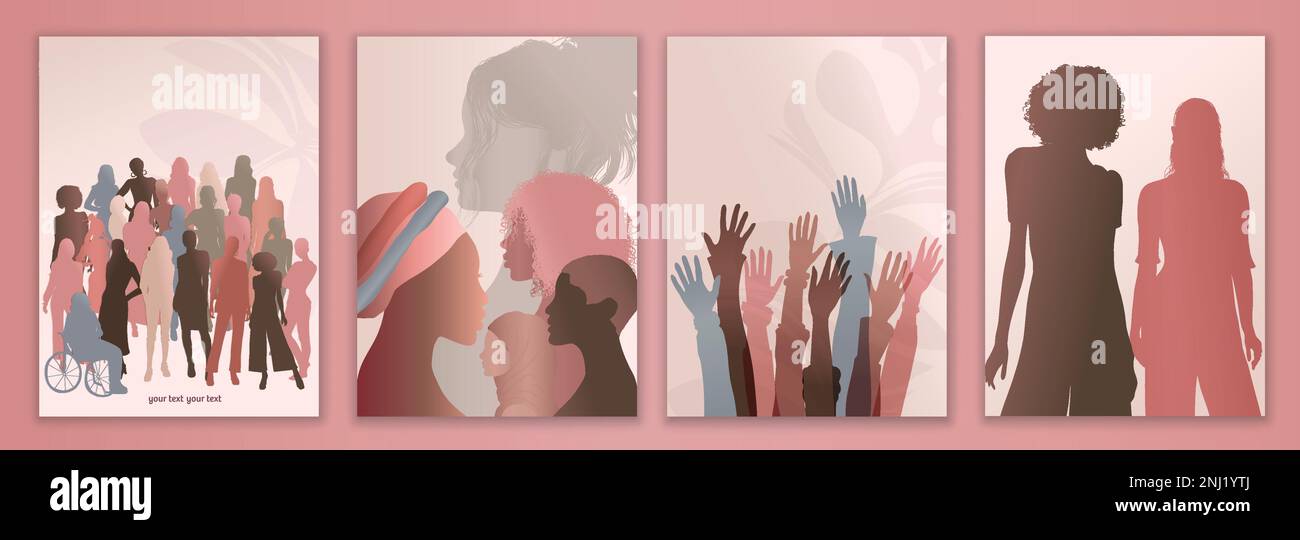 Silhouette group of multicultural women. International Women’s day. Colleagues. Female social community of diverse culture. Template banner poster Stock Vector