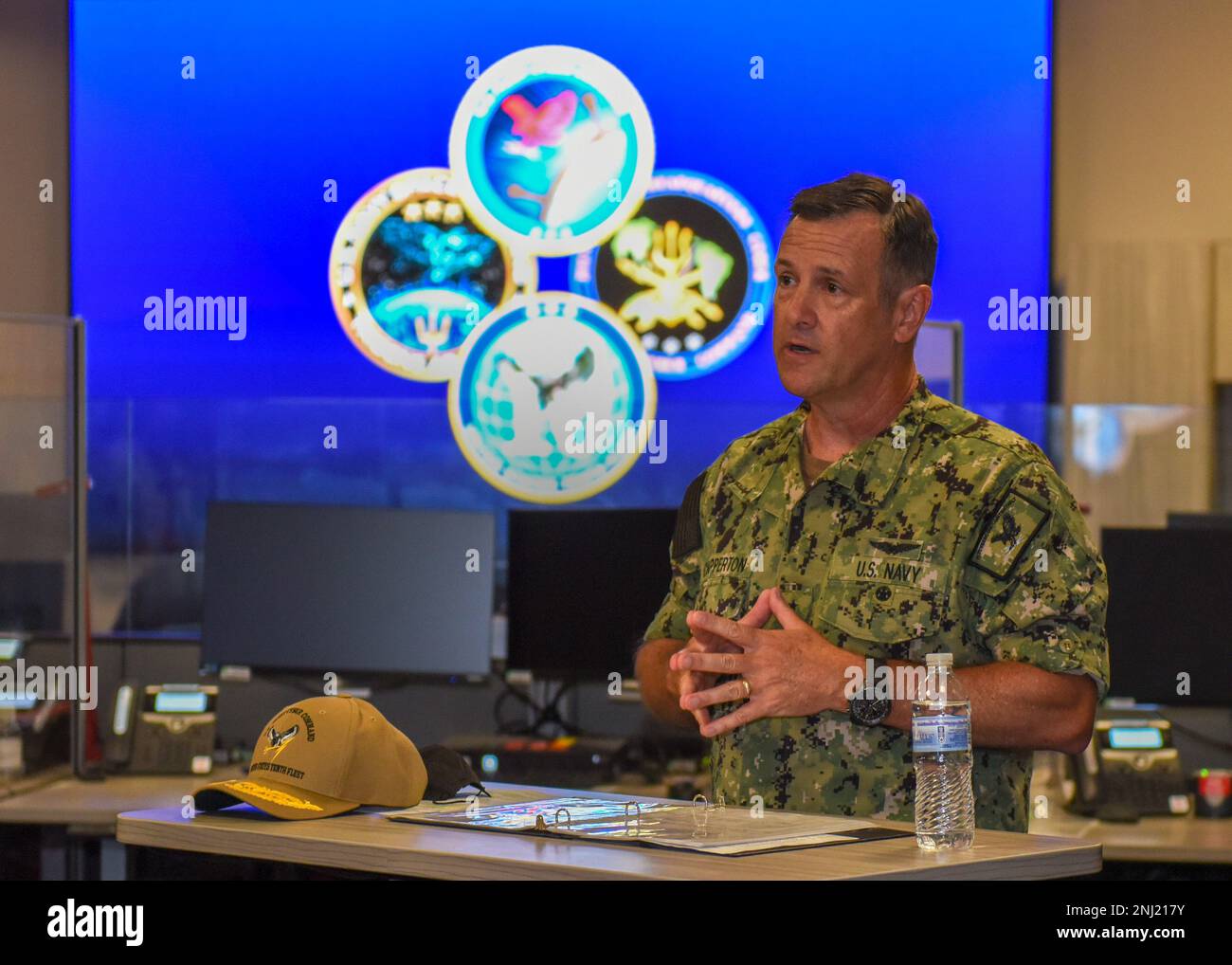 220804-N-XK809-1229 FORT GEORGE G. MEADE, Md. (Aug. 4, 2022) Vice Adm. Craig Clapperton, Commander, U.S. Fleet Cyber Command/U,S. 10th Fleet, delivers his remarks during a change of command ceremony at the U.S. Fleet Cyber Command/U.S. 10th Fleet Headquarters. During the ceremony, Vice Adm. Craig Clapperton relieved Vice Adm. Ross Myers as commander of U.S. Fleet Cyber Command/U.S. 10th Fleet. Stock Photo