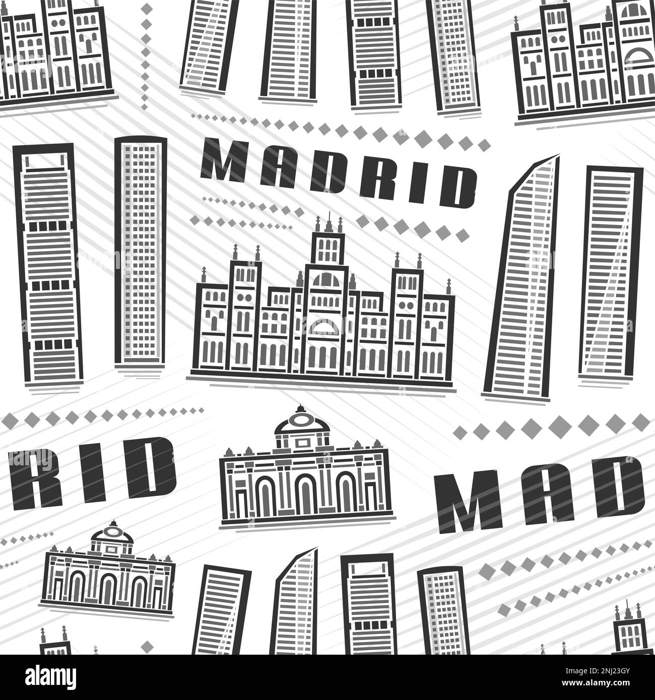 Vector Madrid Seamless Pattern, square repeat background with illustration of european madrid city scape on white background for wrapping paper, monoc Stock Vector
