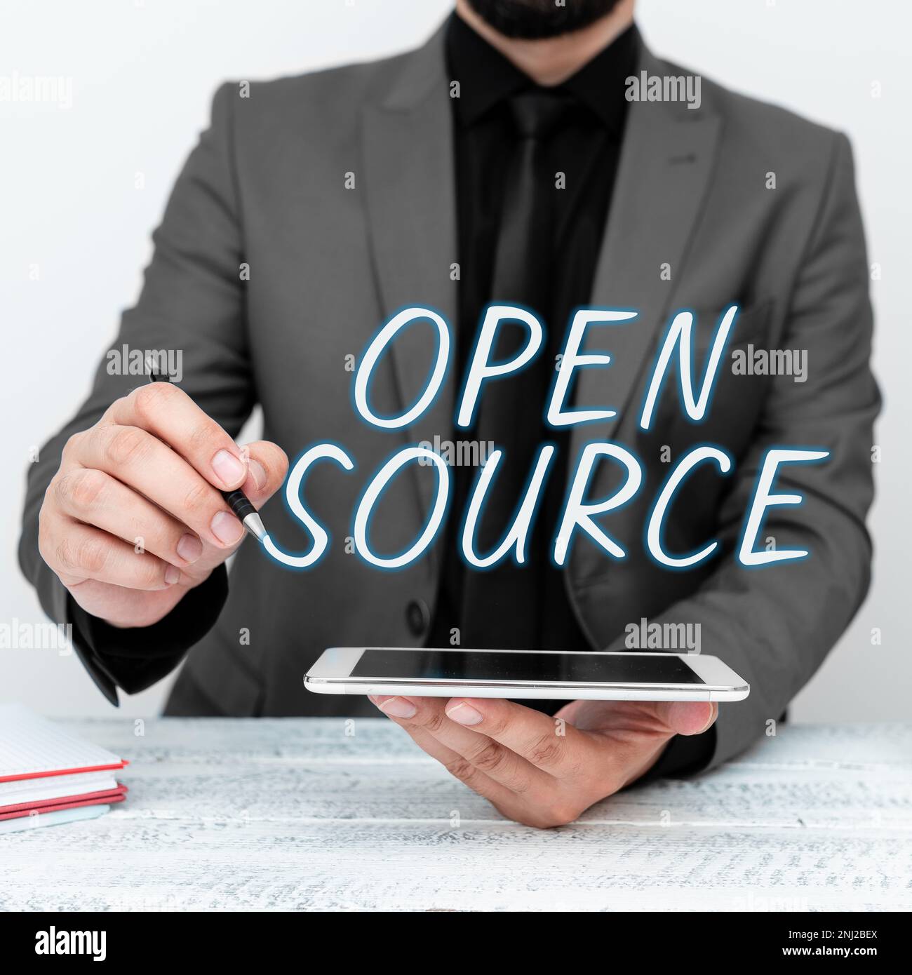 Writing displaying text Open Source. Conceptual photo denoting software which original source code freely available Stock Photo