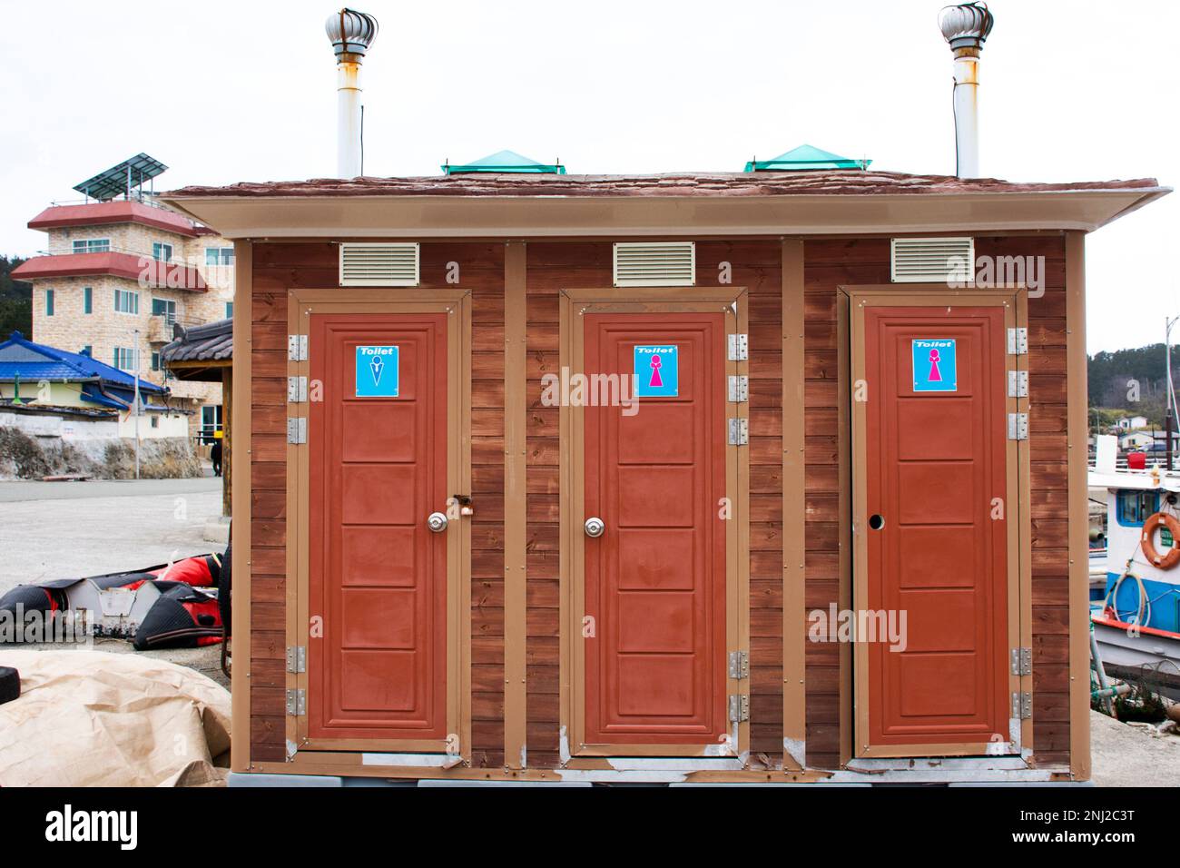 Classic retro vintage building of mobile toilet for korean people and foreign travelers use service restroom at fishery fishing jetty in Pohang city o Stock Photo