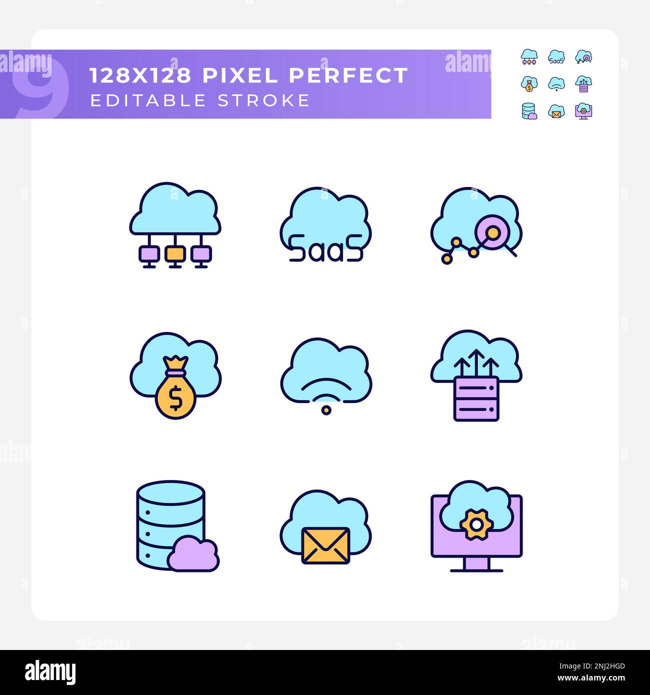 Access to data on cloud based resources pixel perfect RGB color icons set Stock Vector