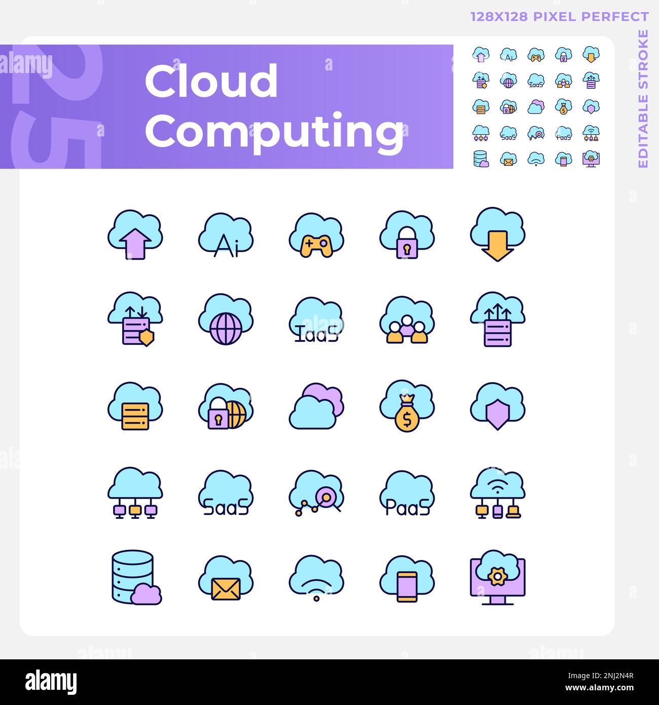 Cloud computing pixel perfect RGB color icons set Stock Vector