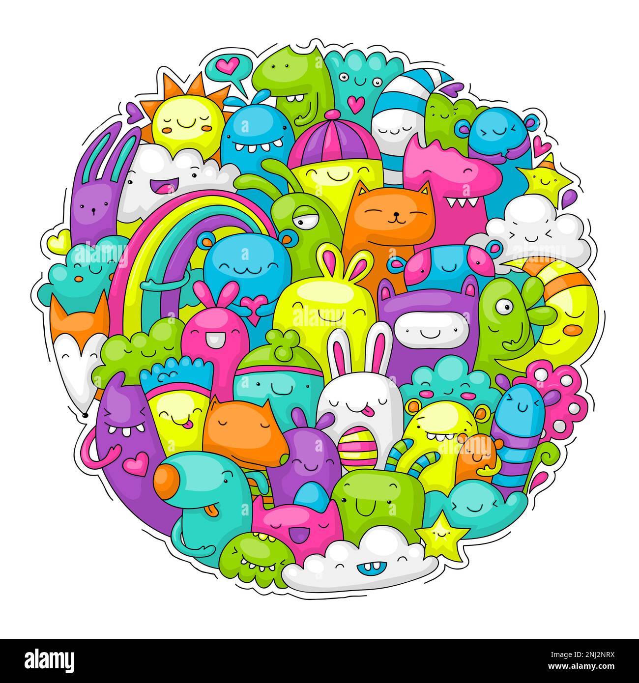 Happy bunch of colorful creatures in round shape, vector illustration Stock Photo