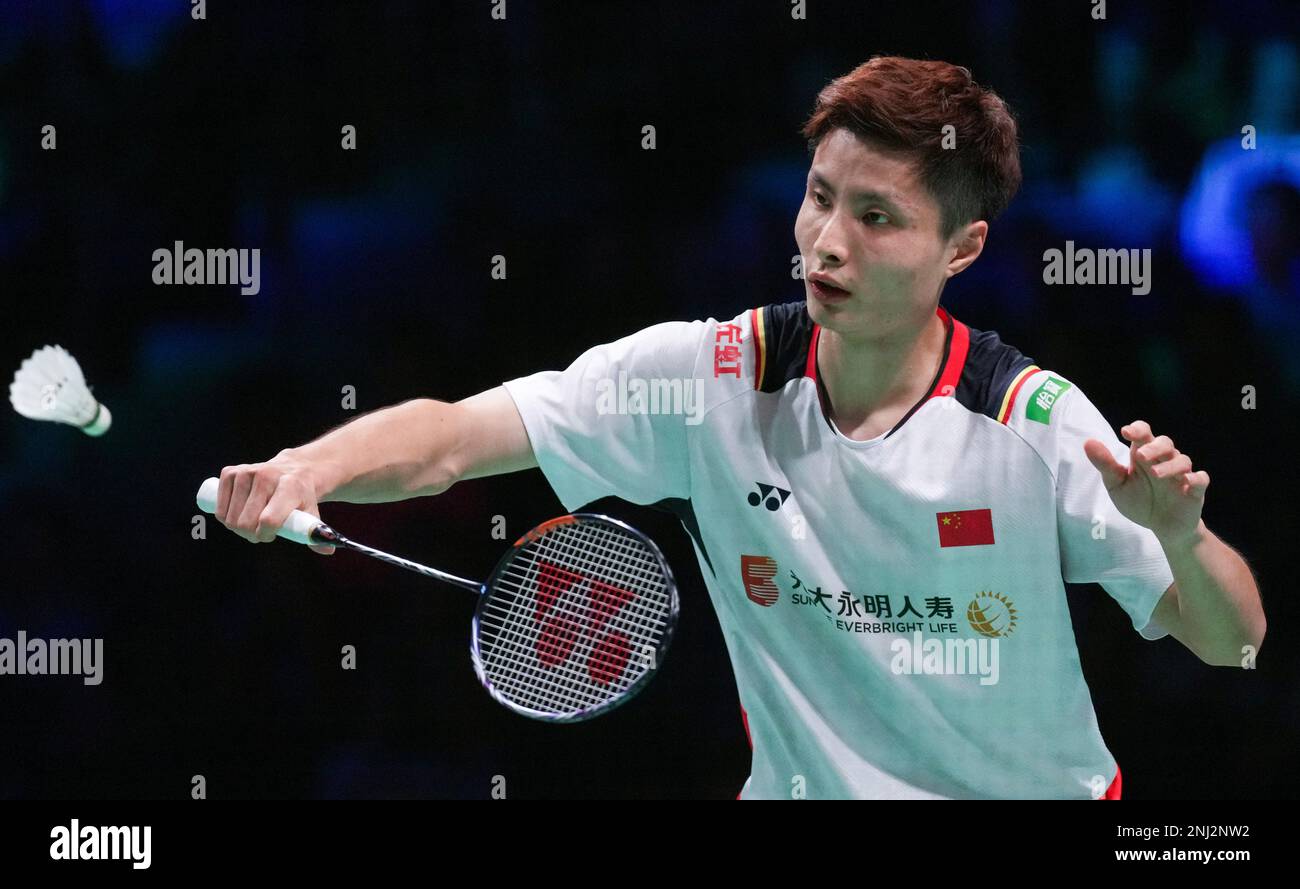 Chinas Shi Yuqi returns to Malaysias Lee Zii Jia during the mens singles finals of the Badminton Denmark Open, at the Jyske Bank Arena in Odense, Denmark, Sunday, Oct