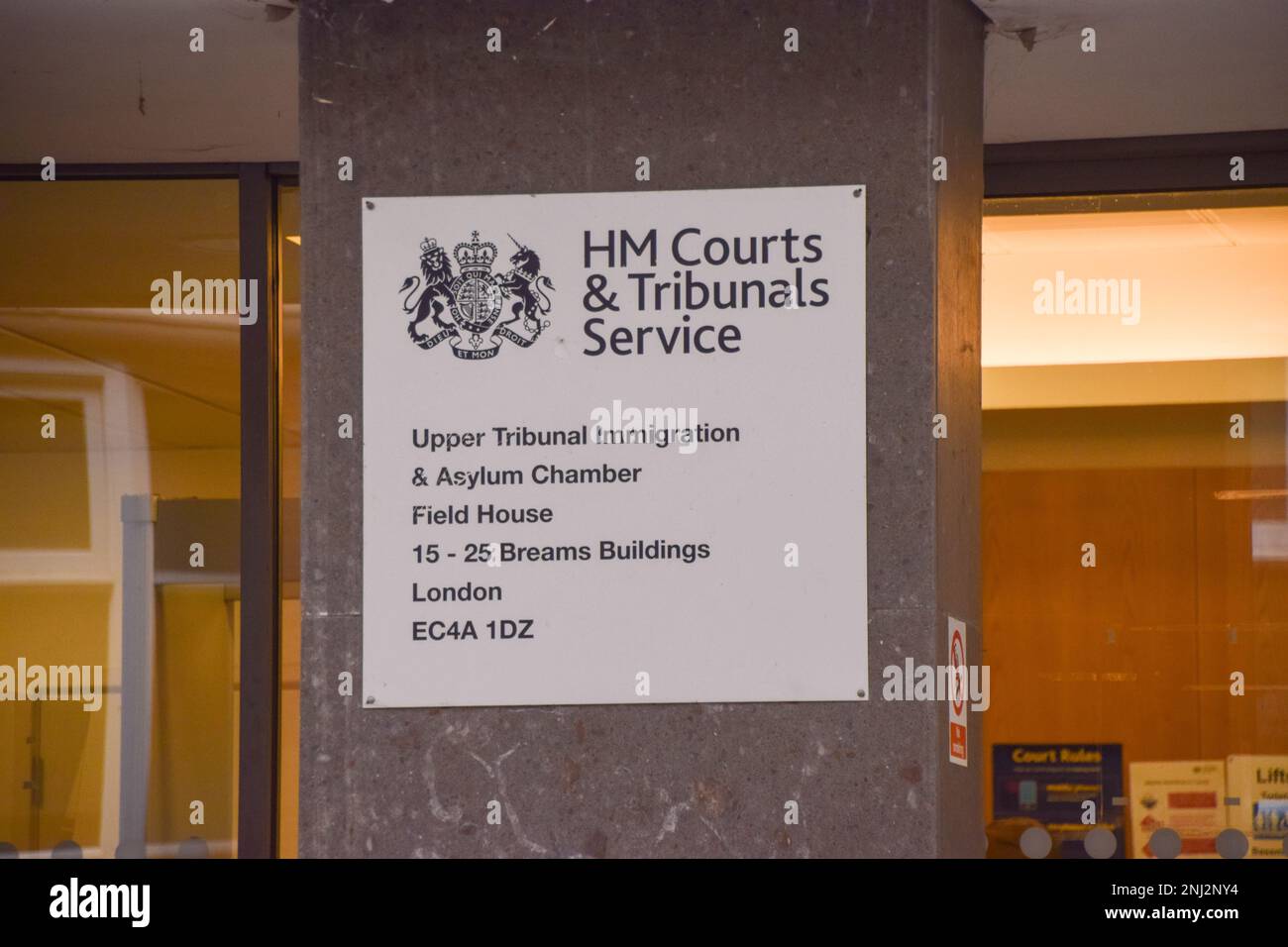 London, UK. 22nd February 2023. Entrance sign at the Upper Tribunal Immigration and Asylum Chamber, Field House. Shamima Begum, who travelled to Syria at age 15 to join the Islamic State, has lost her UK citizenship appeal and will be unable to return to the UK. Credit: Vuk Valcic/Alamy Live News Stock Photo