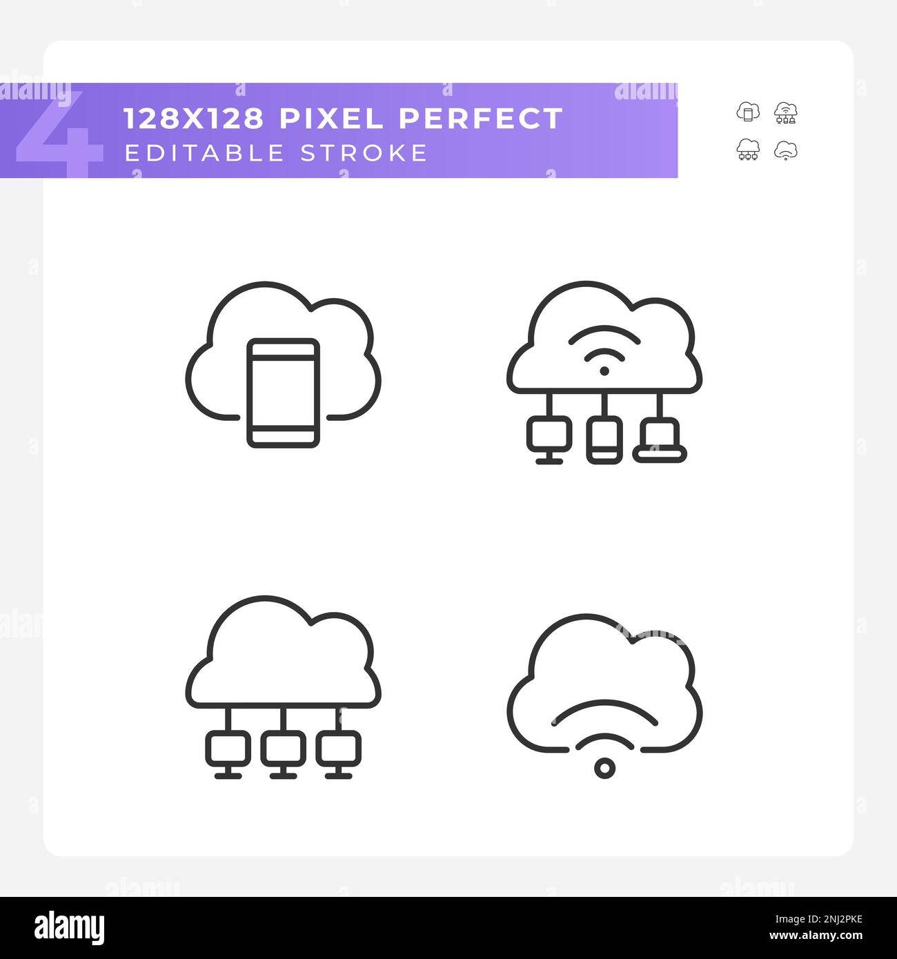Connect devices to cloud based servers pixel perfect linear icons set Stock Vector