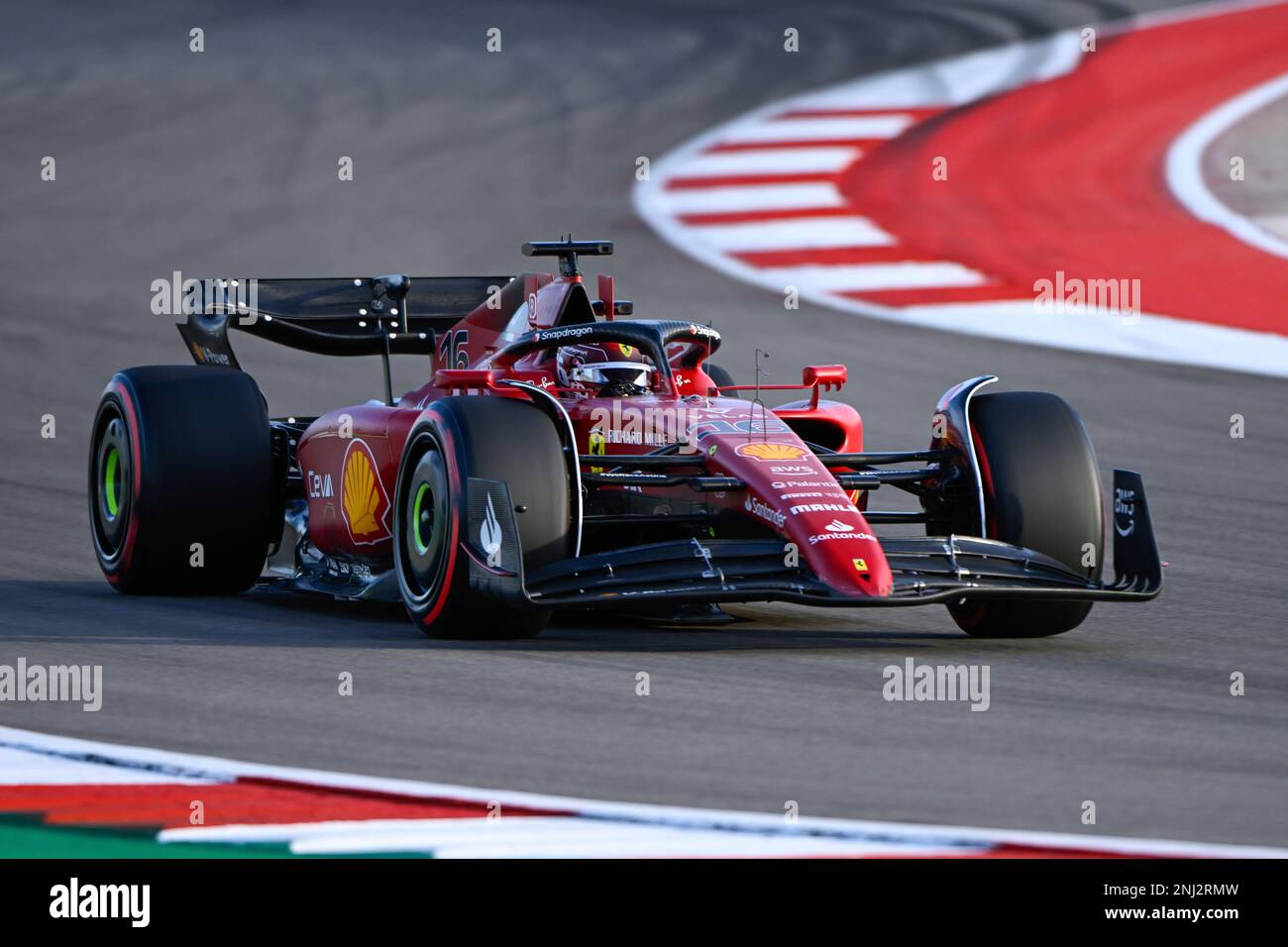 AUSTIN, TX - OCTOBER 22: Scuderia Ferrari driver Charles Leclerc (16) of  Team Monaco enters turn 15 during F1 US Grand Prix qualifying at Circuit of  the Americas on October 22, 2022