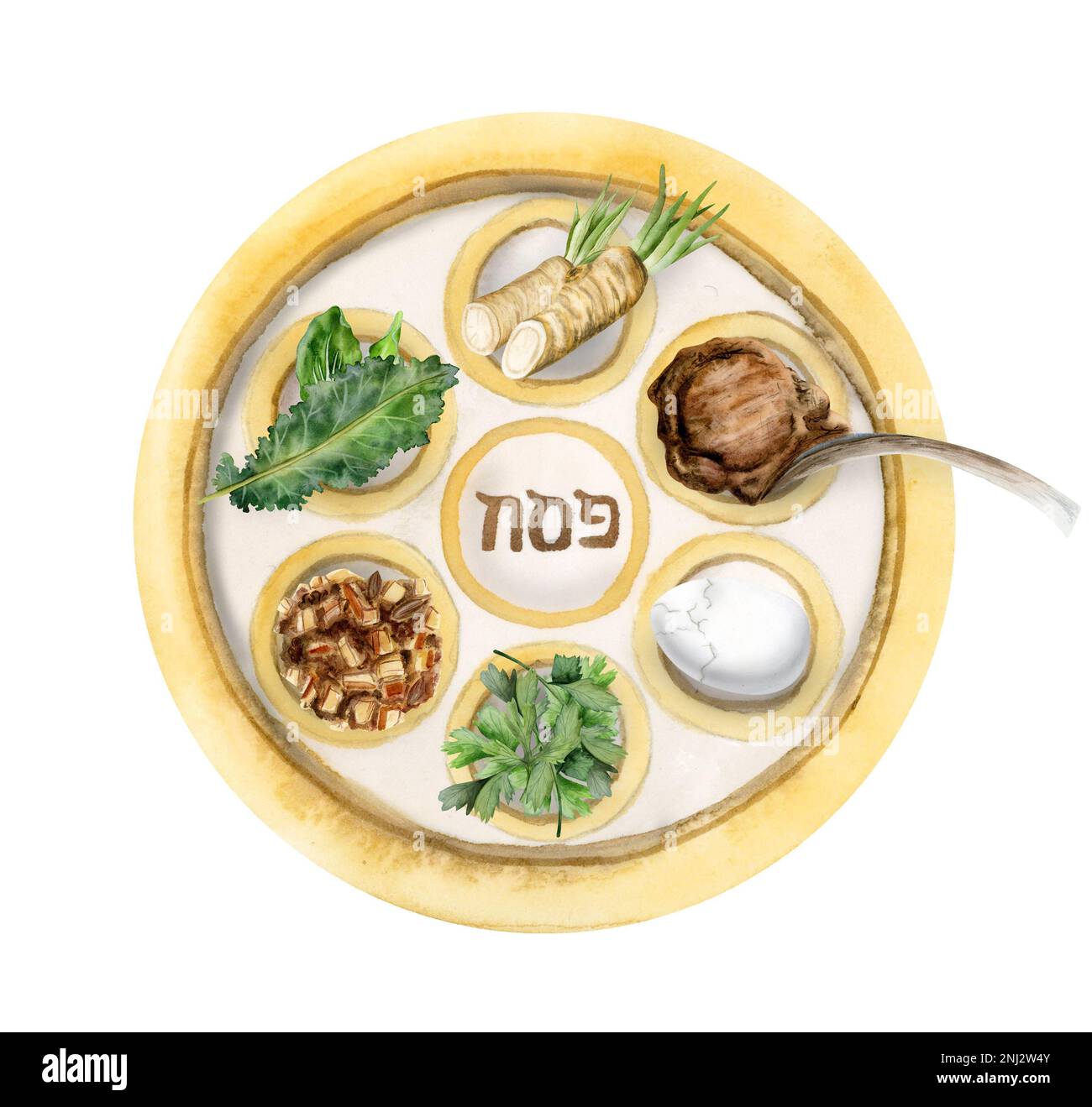 Watercolor gold Passover seder plate with holiday food, horseradish