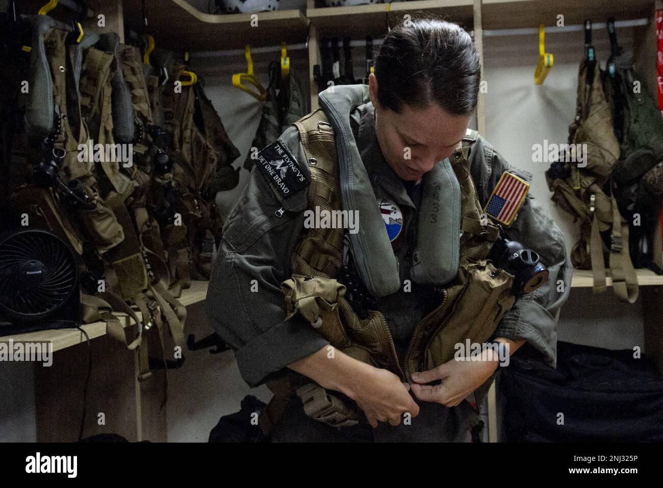 NAVAL STATION ROTA, Spain (August 4, 2022) Lt. Madalyn Thompson, a pilot with Helicopter Maritime Strike Squadron (HSM) 79, prepares for a flight, Aug. 4, 2022. Stock Photo