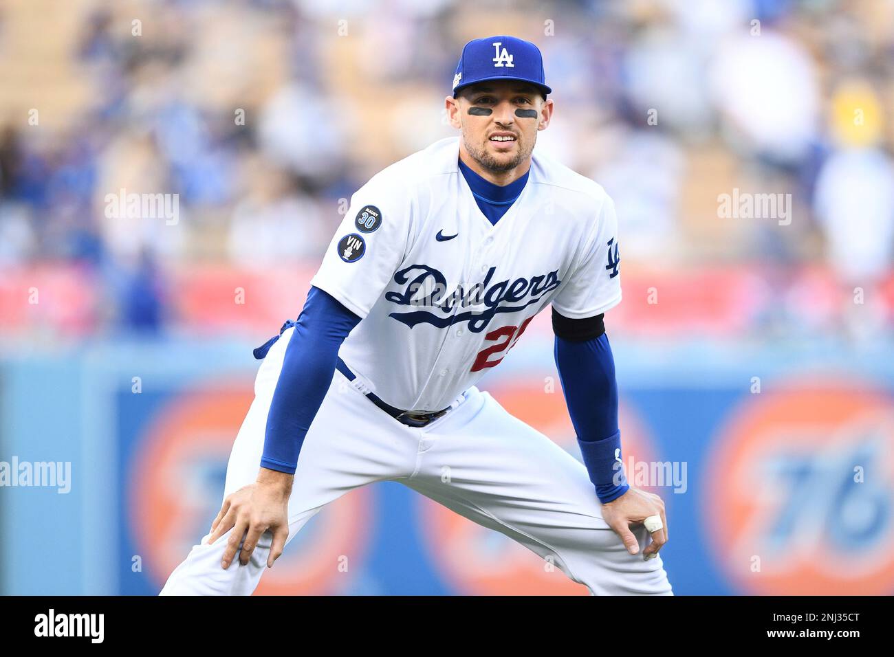 Los Angeles Dodgers center fielder Trayce Thompson looks on during