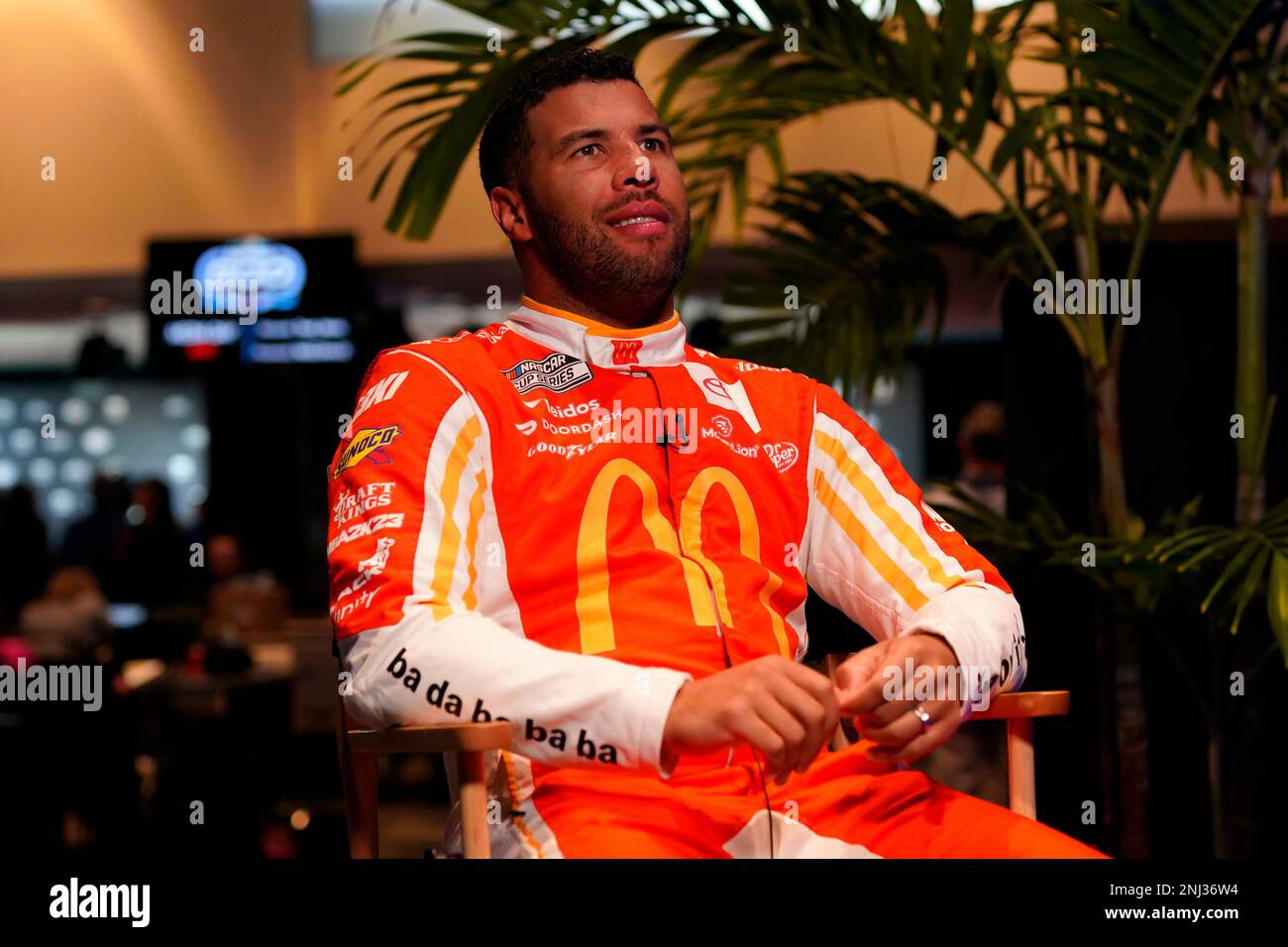 BUBBA WALLACE gets interviewed during the Daytona 500 Media Day in