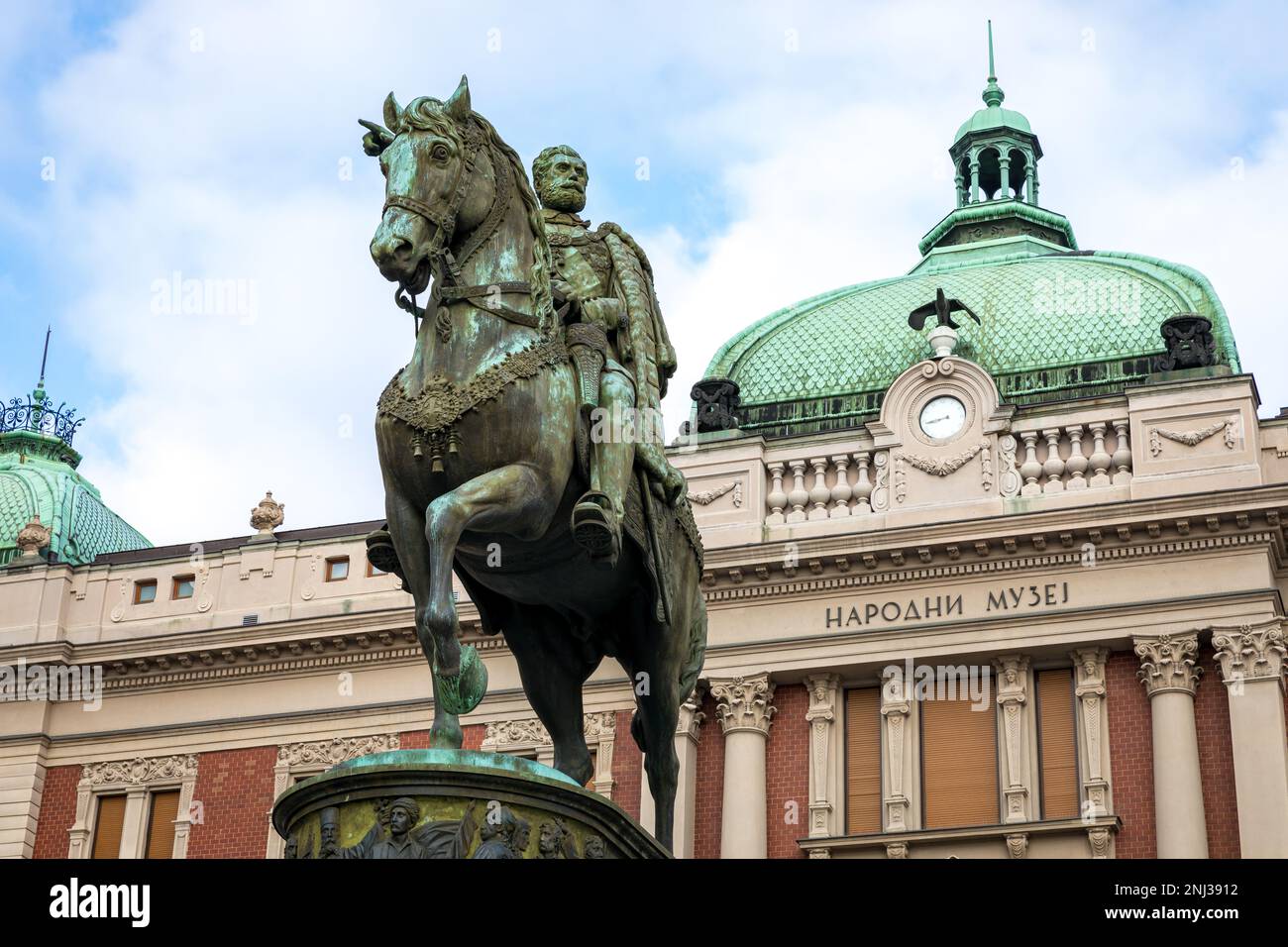 The Republic Square (Trg Republike in Serbian) with old Baroque style buildings, the statue of Prince Michael and the National Museum. Stock Photo