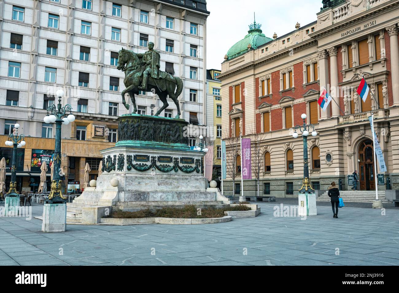 The Republic Square (Trg Republike in Serbian) with old Baroque style buildings, the statue of Prince Michael and the National Museum. Stock Photo