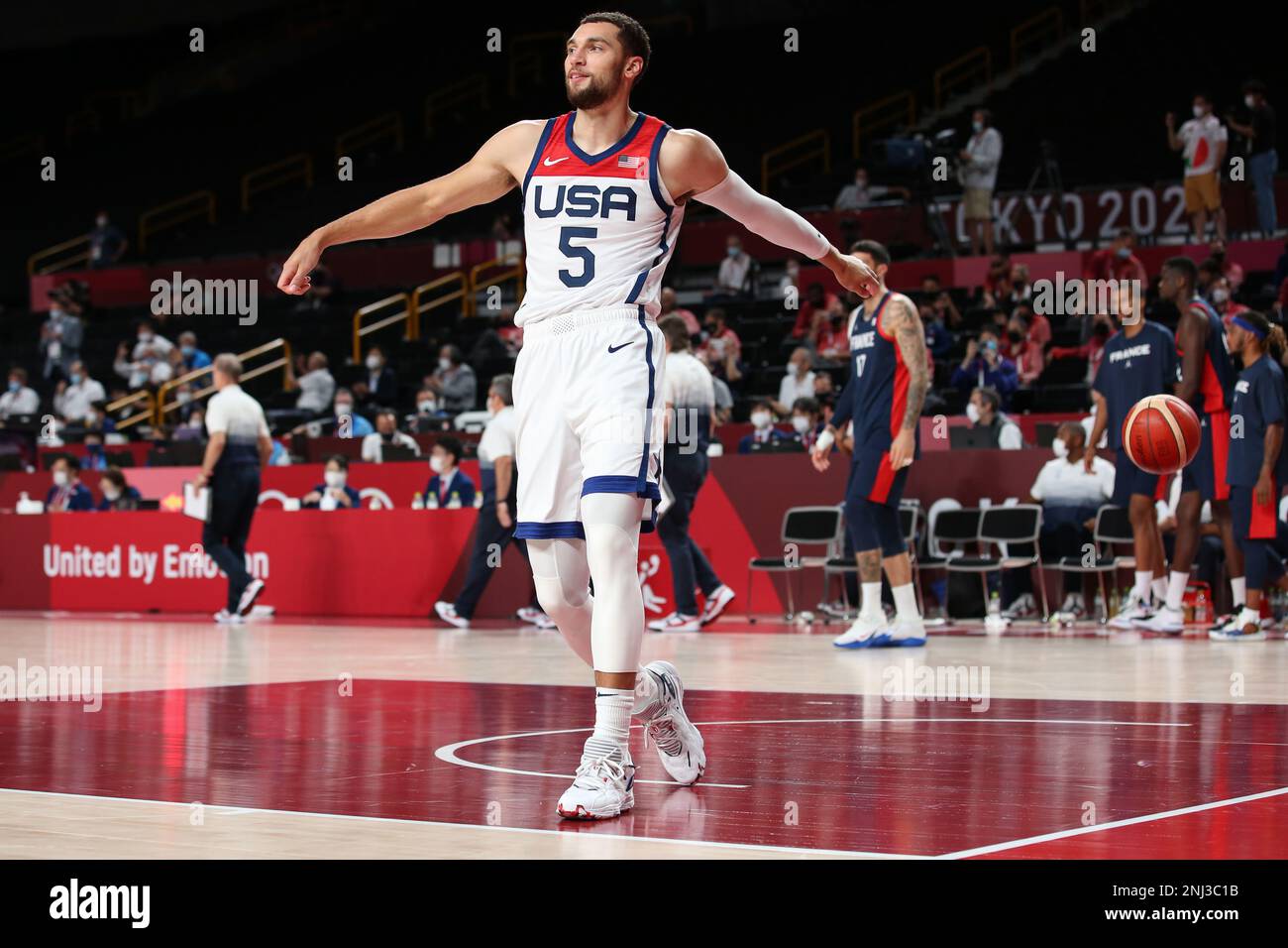 AUG 7, 2021 Zach Lavine reacts as United States win the Men's Basketball Gold Medal Game at the