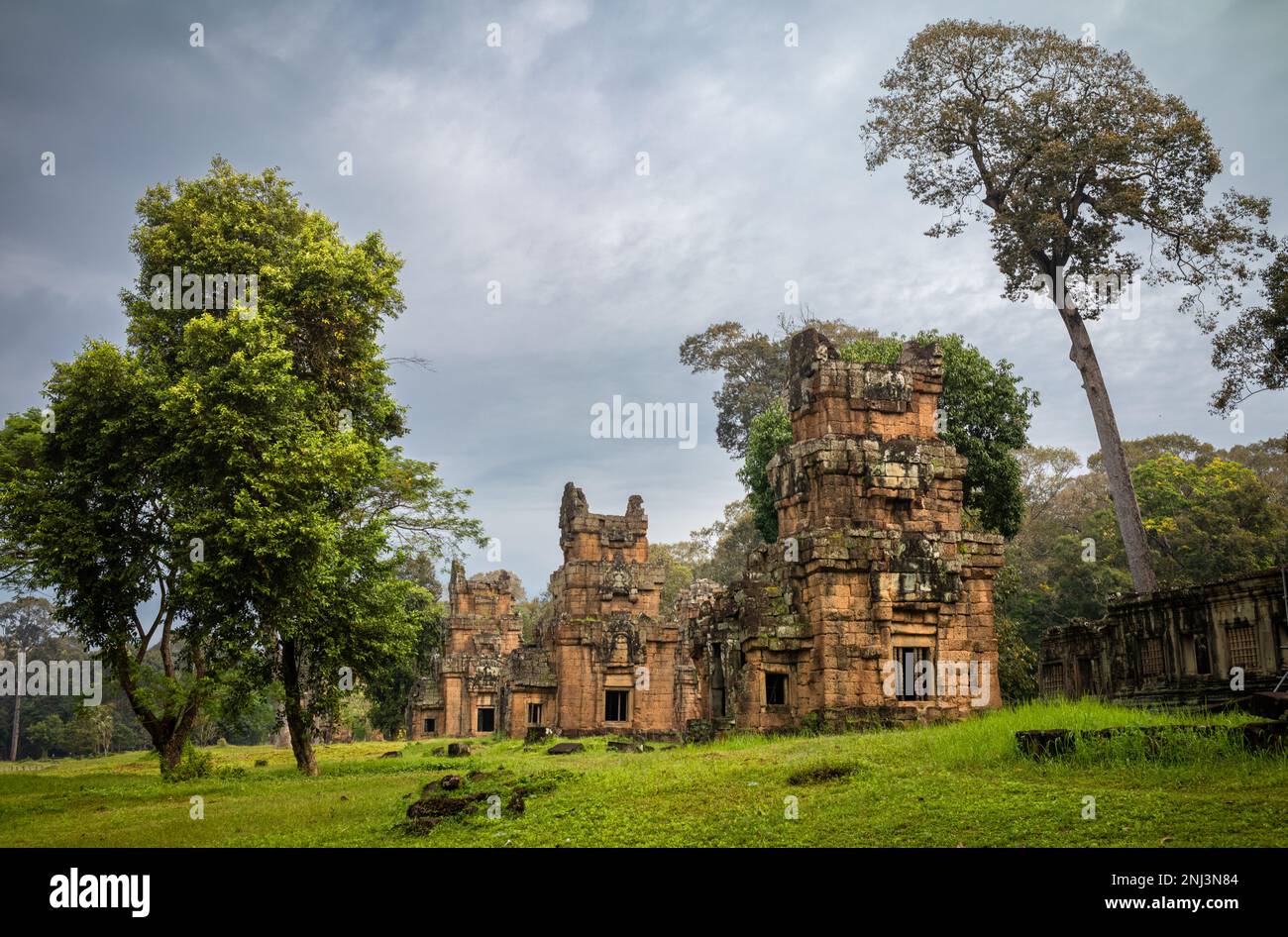 Some of the 12th century Prasat Suor Prat towers opposite the Elephant Terrace within Angkor Thom in Cambodia. Stock Photo
