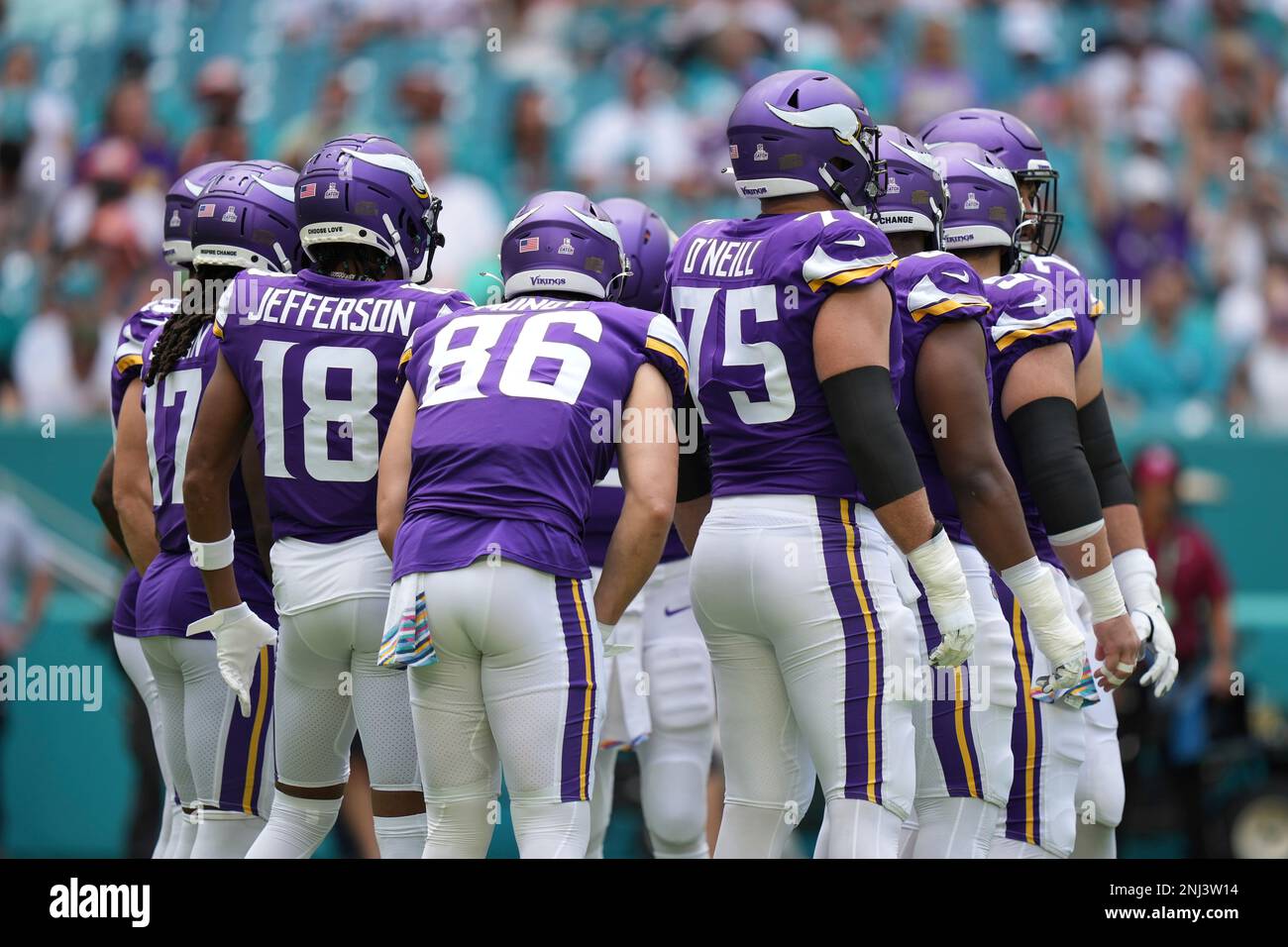MIAMI GARDENS, FL - OCTOBER 16: Minnesota Vikings team huddle before a snap during the game between the Minnesota Vikings and the Miami Dolphins on October 16, 2022 at Hard Rock Stadium,