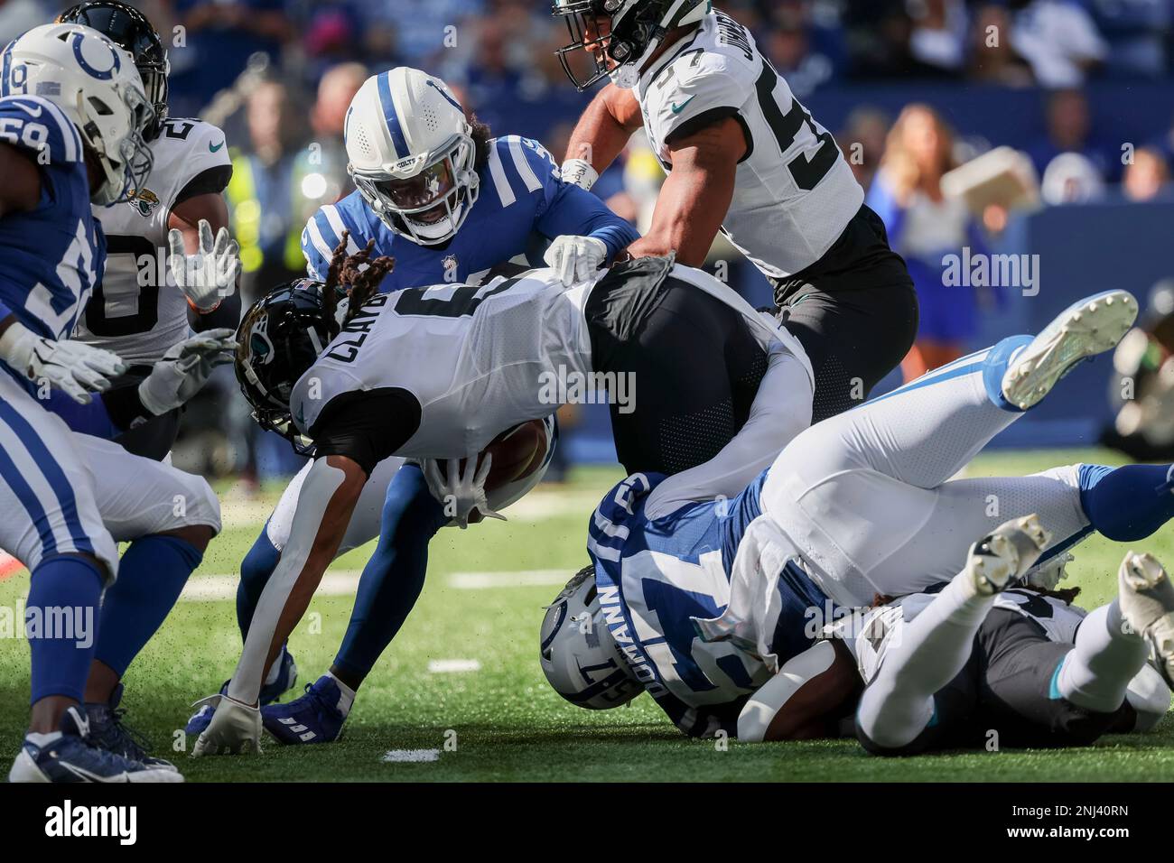 October 16, 2022, Indianapolis, Indiana, U.S: Jacksonville Jaguars  cornerback Chris Claybrooks (6) is tackled by Indianapolis Colts linebacker  JoJo Domann (57) on a kickoff return during the game between the  Jacksonville Jaguars