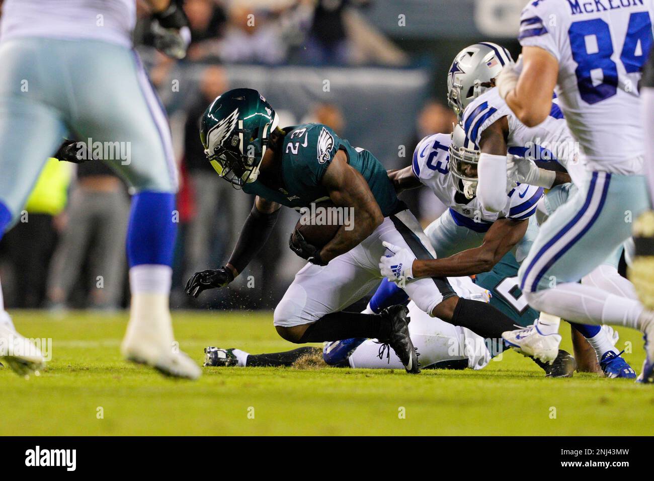 PHILADELPHIA, PA - OCTOBER 16: Philadelphia Eagles Safety CJ  Gardner-Johnson (23) intercepts a pass during the game between the Dallas  Cowboys and the Philadelphia Eagles on October 16, 2022 at Lincoln Financial