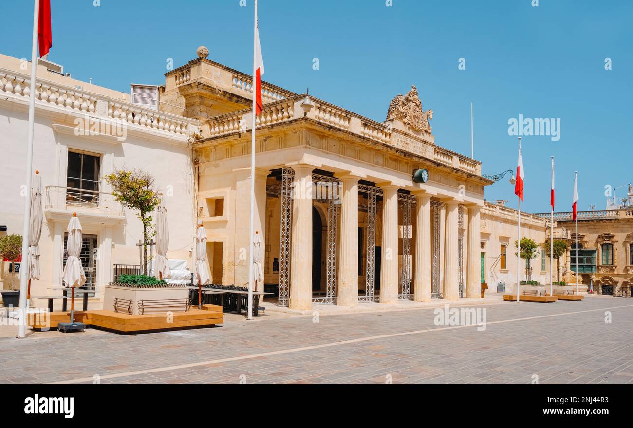 a view of the facade of the Main Guard building in St George Square in Valletta, Malta, on a summer day Stock Photo