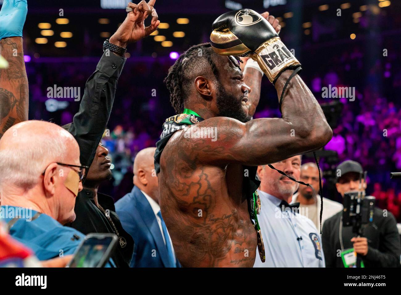 October 16, 2022, Brooklyn, New York, USA DEONTAY WILDER (black and gold trunks) celebrates after his first round knockout of Robert Helenius in a WBC World Heavyweight Title Eliminator bout at the