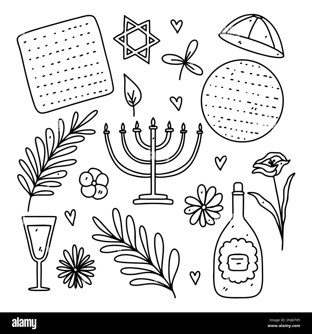 Happy Passover elements with Wine and Matzah in hand drawn doodle style