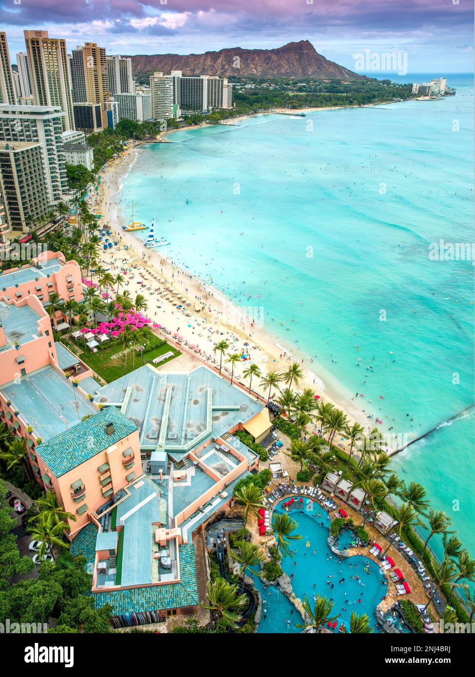 Waikiki Beach and Diamond Head Volcano Honolulu,Oahu,Hawaii,USA Stock