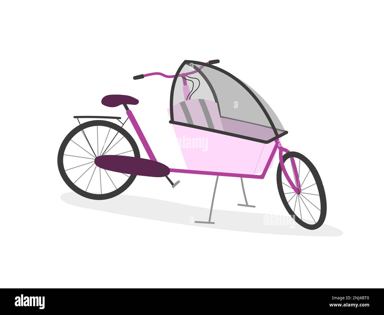 Parent cargo bike with children sit covered with rain cover. Pink cartoon realistic bakfiets on white background. Stock Vector