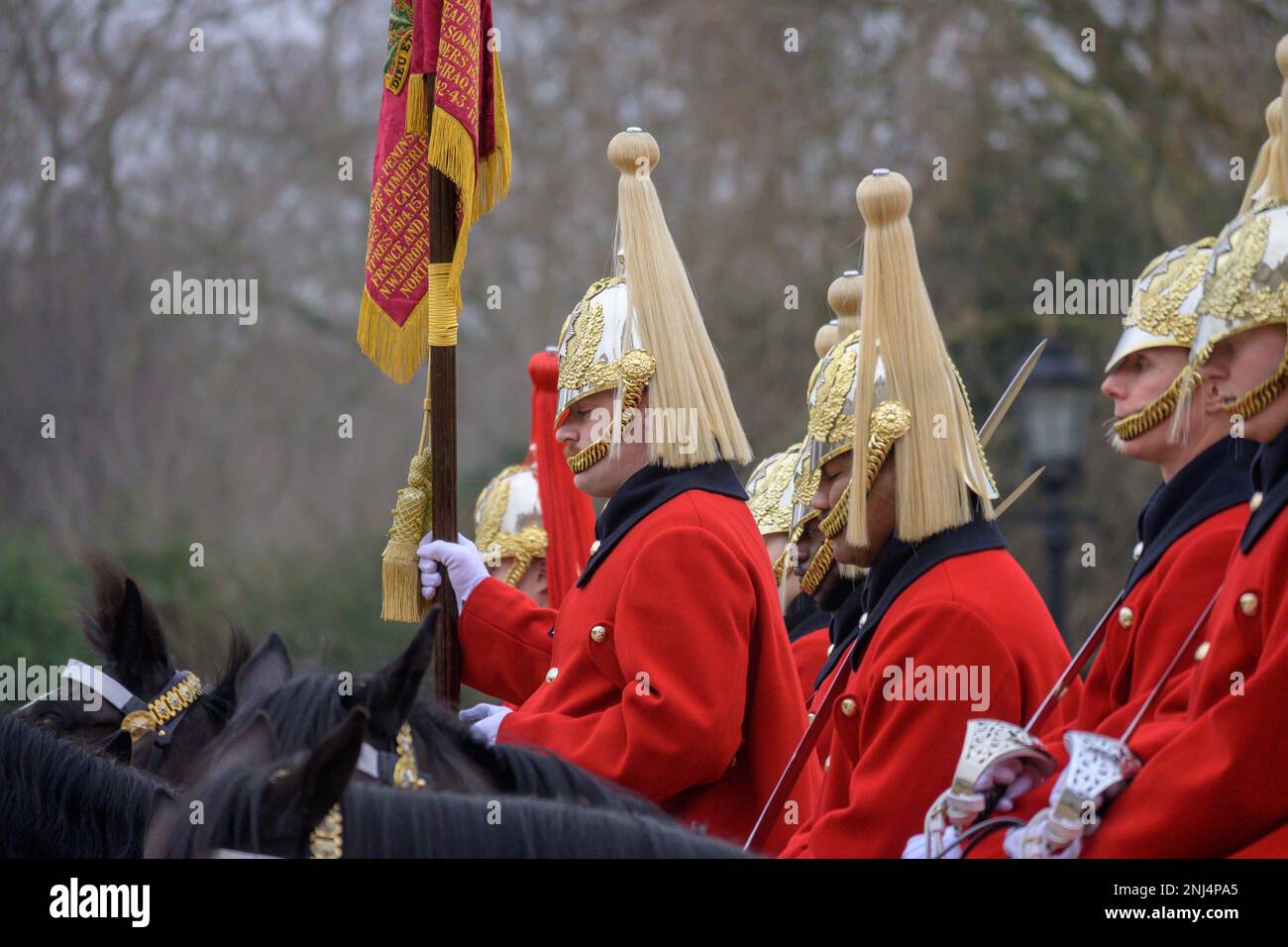 London, England, UK. Daily Changing of the Guard on Horse Guards' Parade, Westminster. Life Guards (pale plume) Stock Photo