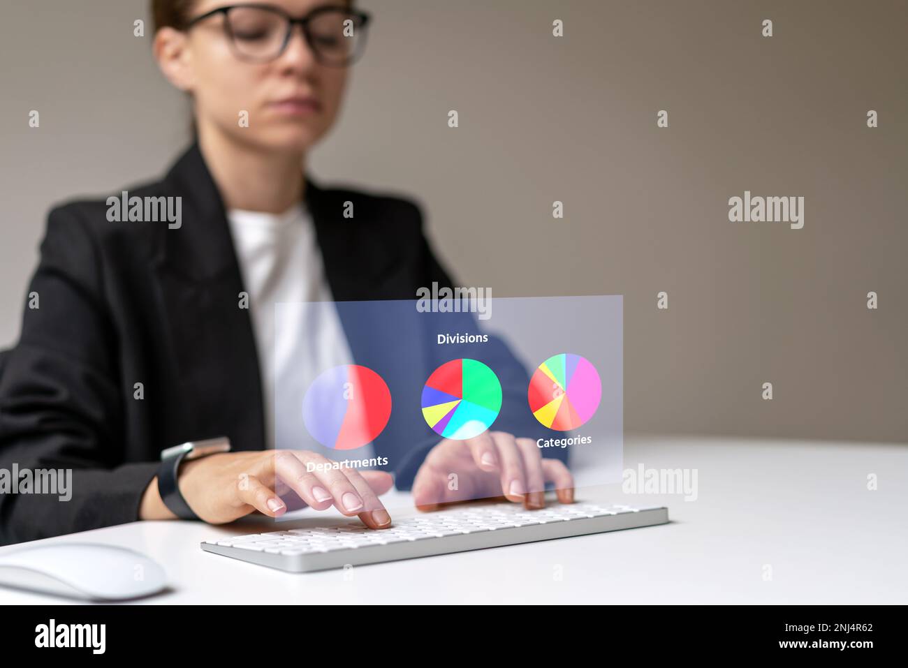 Woman business person working with  virtual diagrams retail kpi, share of business: departments, divisions, categories. Stock Photo