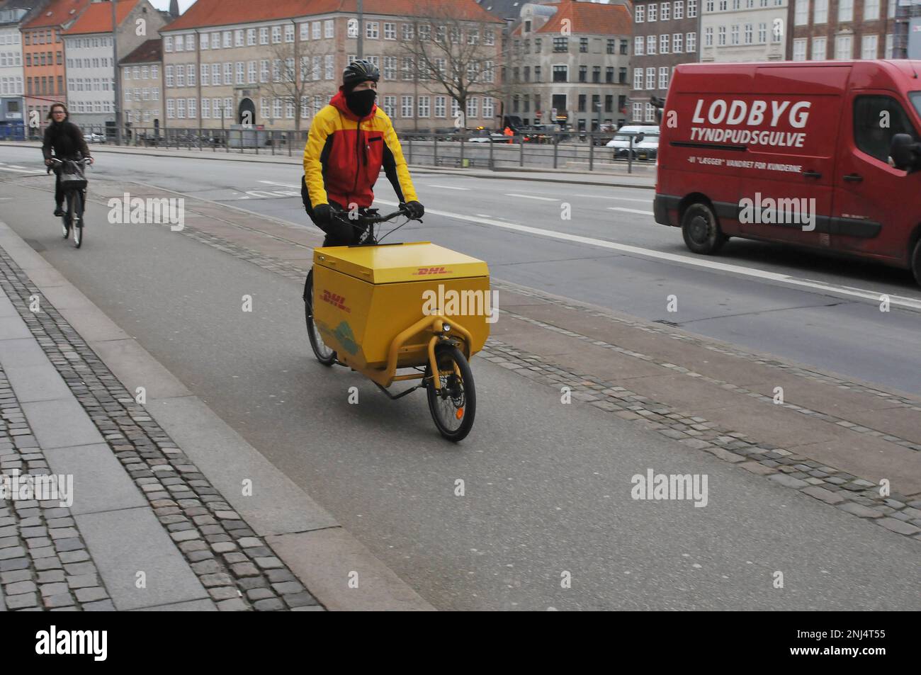 Copenhagen /Denmark/22 February 2023/Deutsche DHL deliver bike rider in