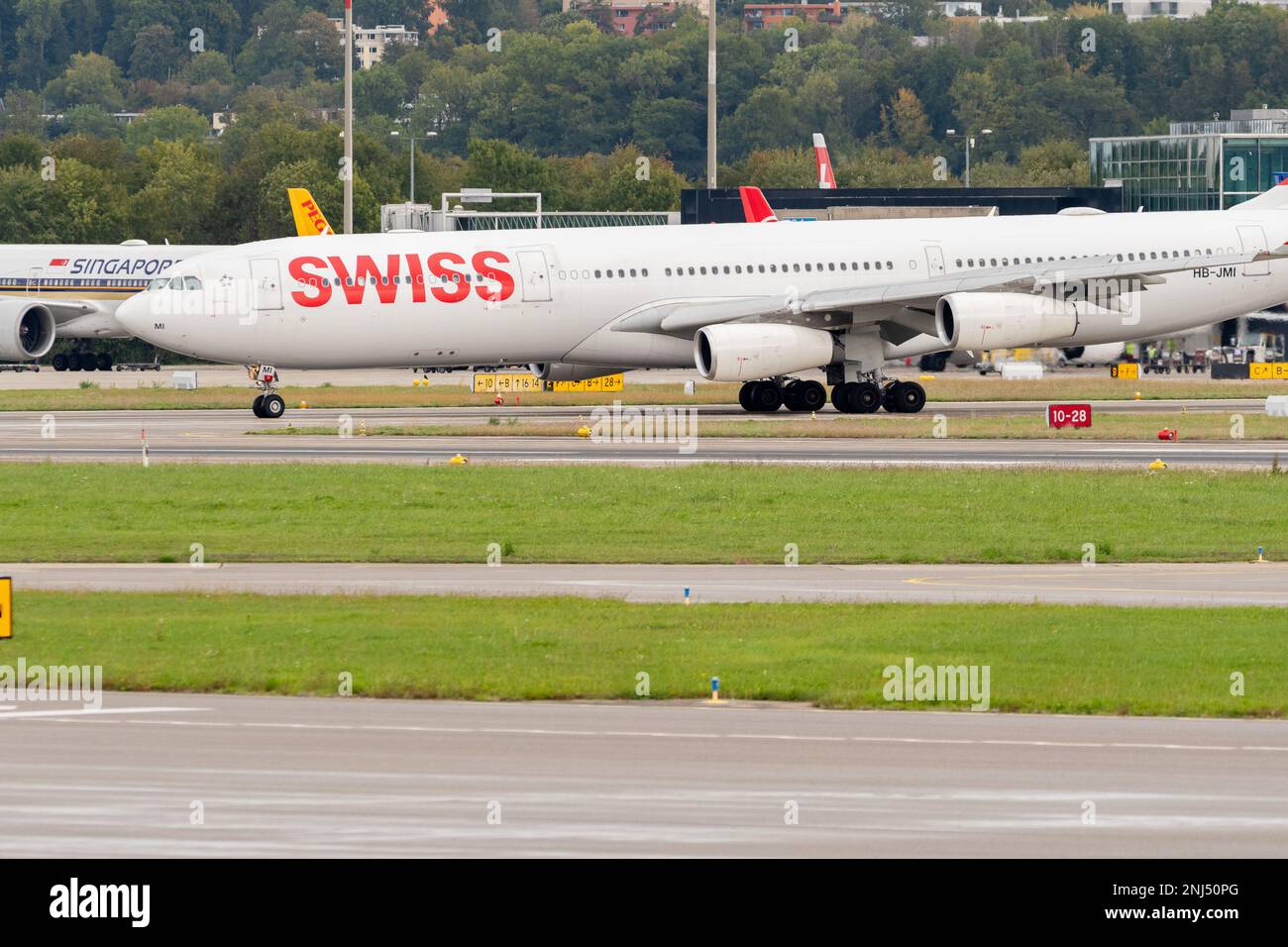 Zurich, Switzerland, September 27, 2022 Swiss international airlines Airbus A340-313X aircraft is taxiing to its position Stock Photo