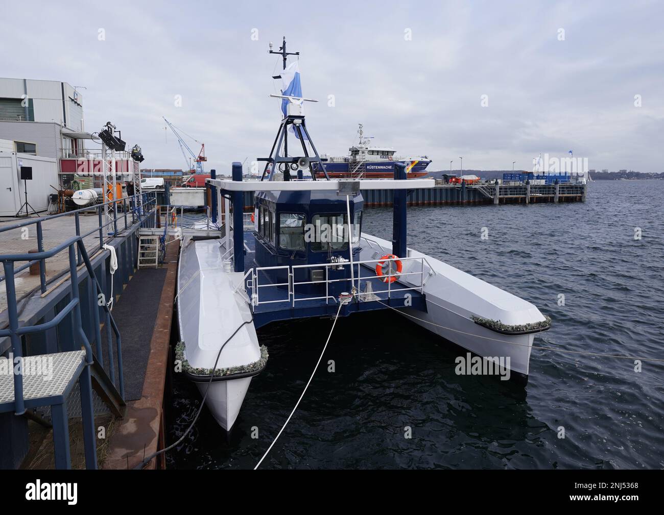 Kiel, Germany. 22nd Feb, 2023. The research vessel 'Wavelab' is moored at the quay of the Gebr. The catamaran 'Wavelab' is to test autonomous shipping on the Kiel Fjord. The Federal Ministry of Transport has funded the project. The aim is to lay the foundations for ships to be able to sail on the Kiel Fjord without personnel at some point in the future. Credit: Marcus Brandt/dpa/Alamy Live News Stock Photo