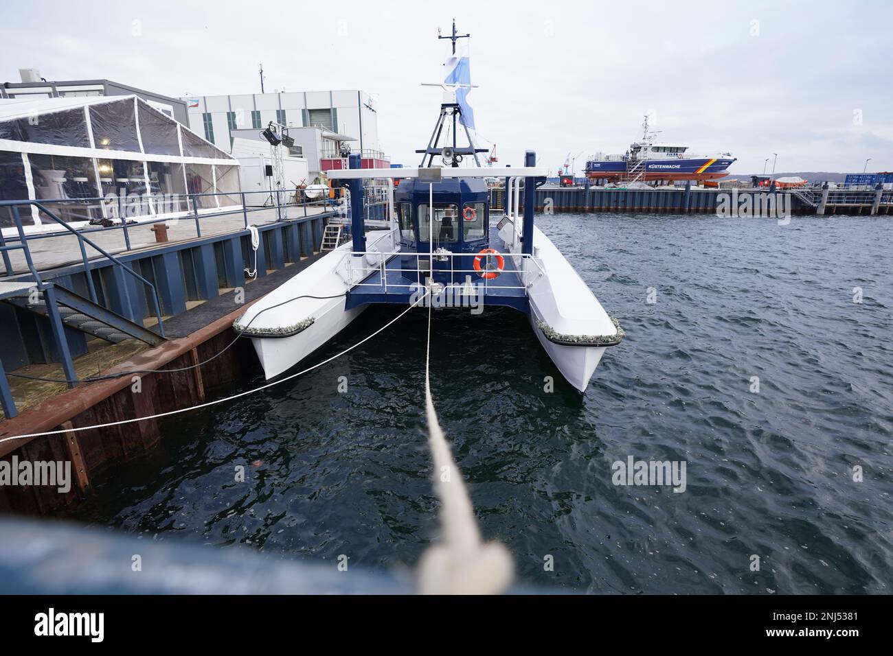 Kiel, Germany. 22nd Feb, 2023. The research vessel 'Wavelab' is moored at the quay of the Gebr. The catamaran 'Wavelab' is to test autonomous shipping on the Kiel Fjord. The Federal Ministry of Transport has funded the project. The aim is to lay the foundations for ships to be able to sail on the Kiel Fjord without personnel at some point in the future. Credit: Marcus Brandt/dpa/Alamy Live News Stock Photo