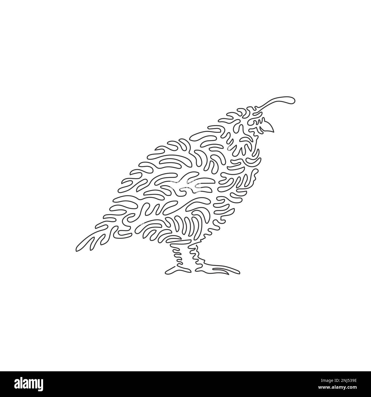 Single curly one line drawing of lively little birds abstract art. Continuous line draw graphic design vector illustration of quail head plume curling Stock Vector