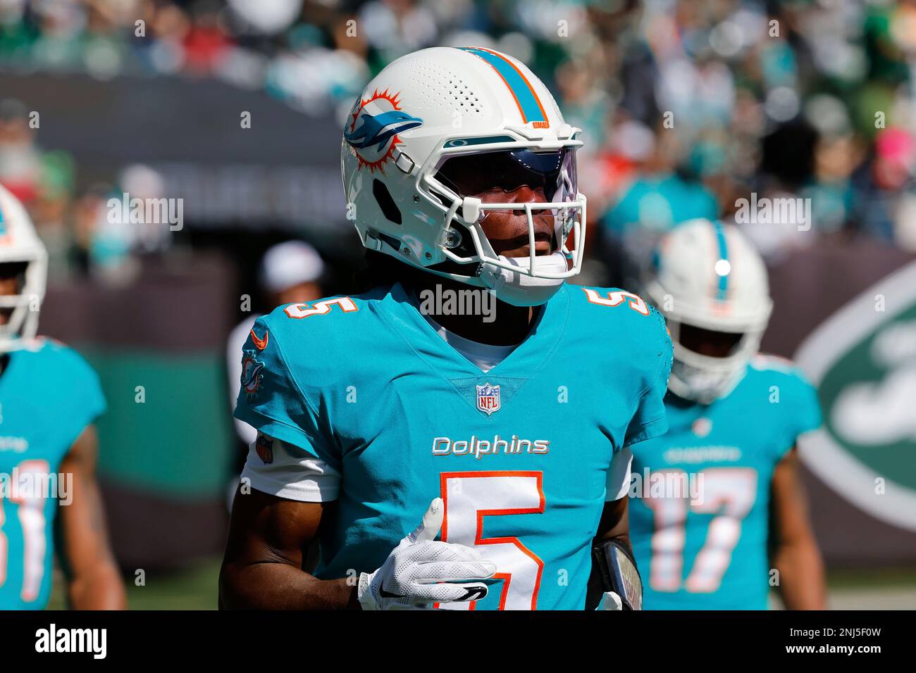 October 9, 2022, East Rutherford, New Jersey, USA: Miami Dolphins  quarterback Teddy Bridgewater (5) is tackled by New York Jets cornerback  Sauce Gardner (1) in the end zone and called for a