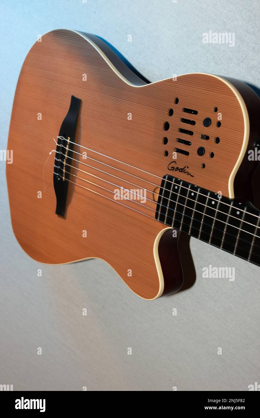 Vaduz, Liechtenstein, January 13, 2023 Product shot of a Godin nylon string acoustic guitar Stock Photo